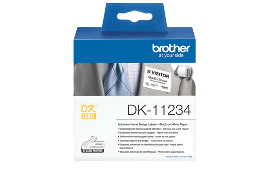Оригинальный рулон с наклейками Brother DK-11234 для печати клеящихся именных бейджей посетителей (чёрный текст на белом фоне, 60 x 86 мм)