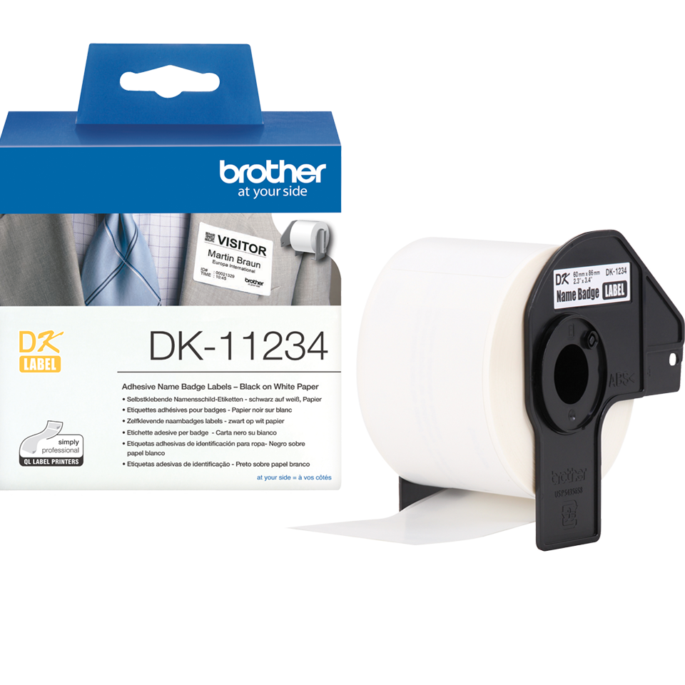 Brother DK-11234 adhesive visitor badge label roll and outer carton packaging shot