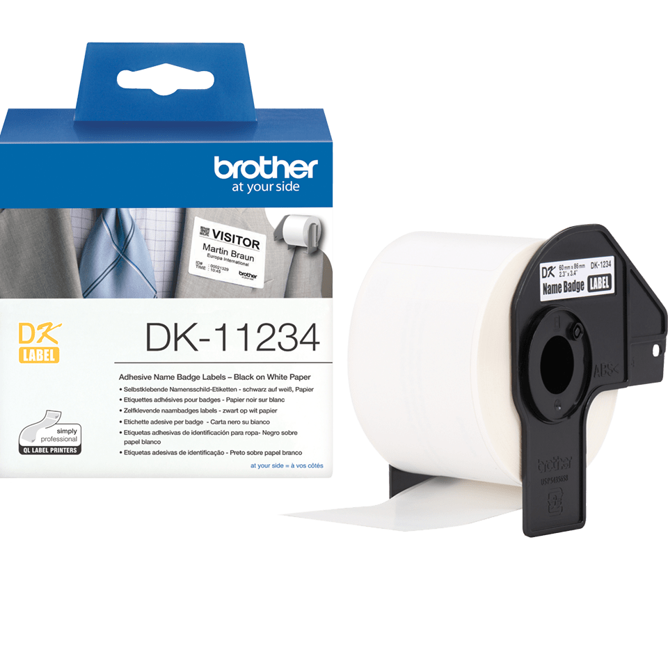 Brother DK-11234 adhesive visitor badge label roll and outer carton packaging shot