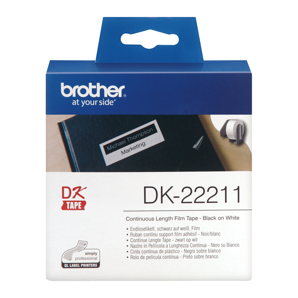 Genuine Brother DK-22211 Continuous Film Label Roll – Black on White, 29mm. 2