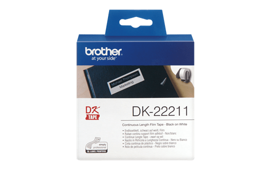  Oryginalna foliowa taśma ciągła DK-22211 firmy Brother – czarny nadruk na białym tle, 29mm. 2