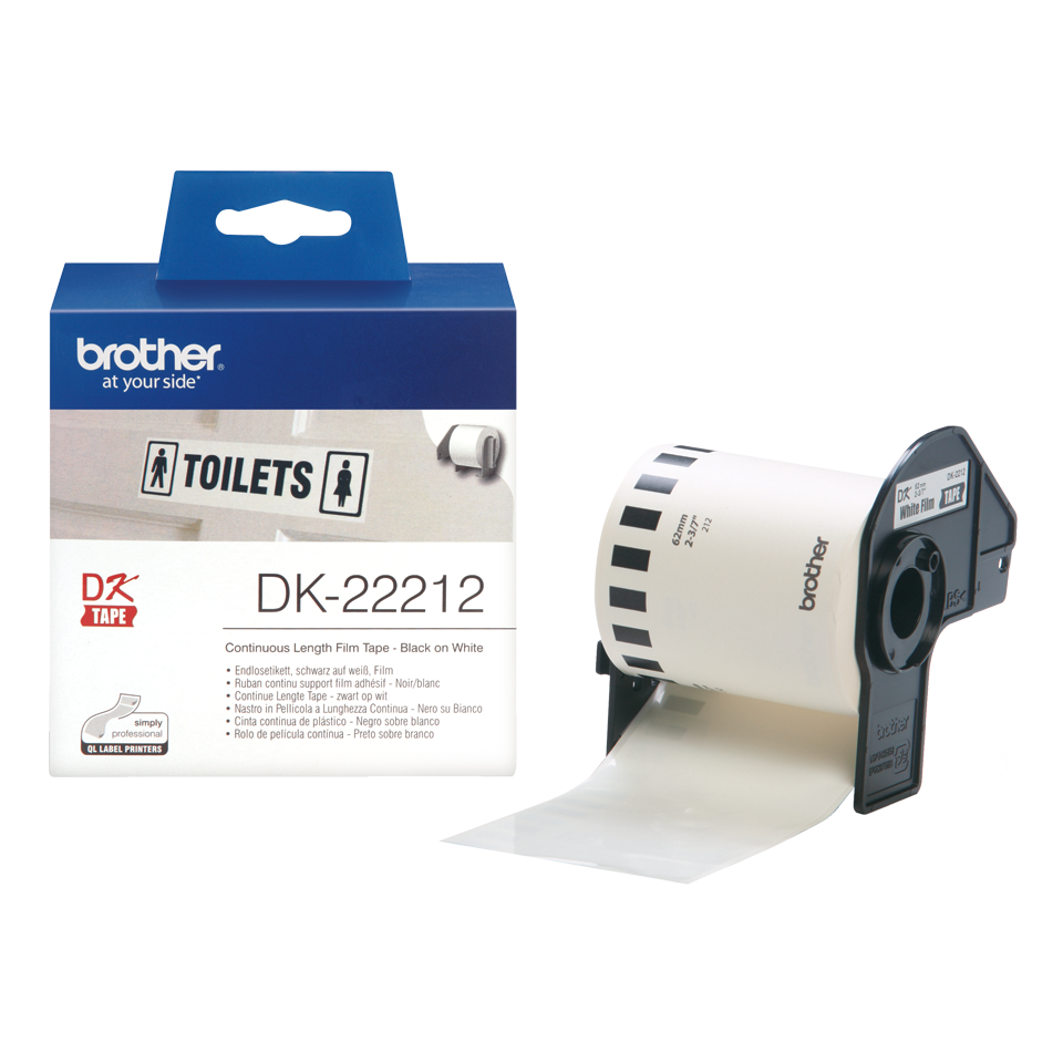 Genuine Brother DK-22212 Continuous Film Label Roll – Black on White, 62mm