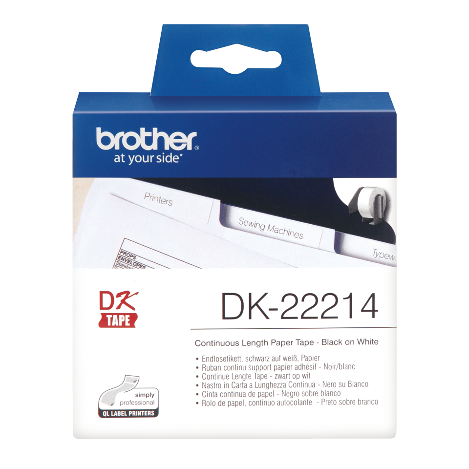 Originalus Brother DK-22214 ištisinis popierinis etikečių ritinėlis – juodos raidės baltame fone, 12 mm pločio 2