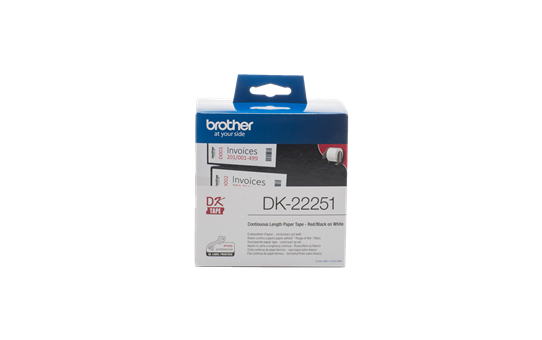 Original Brother DK22251 løbende papirlabelrulle – sort/rød  skrift på hvid label, 62 mm