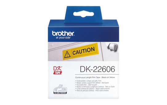 Wysokiej jakości foliowa taśma DK-22606 firmy Brother na rolce – czarny nadruk na żółtym tle, 62mm. 2