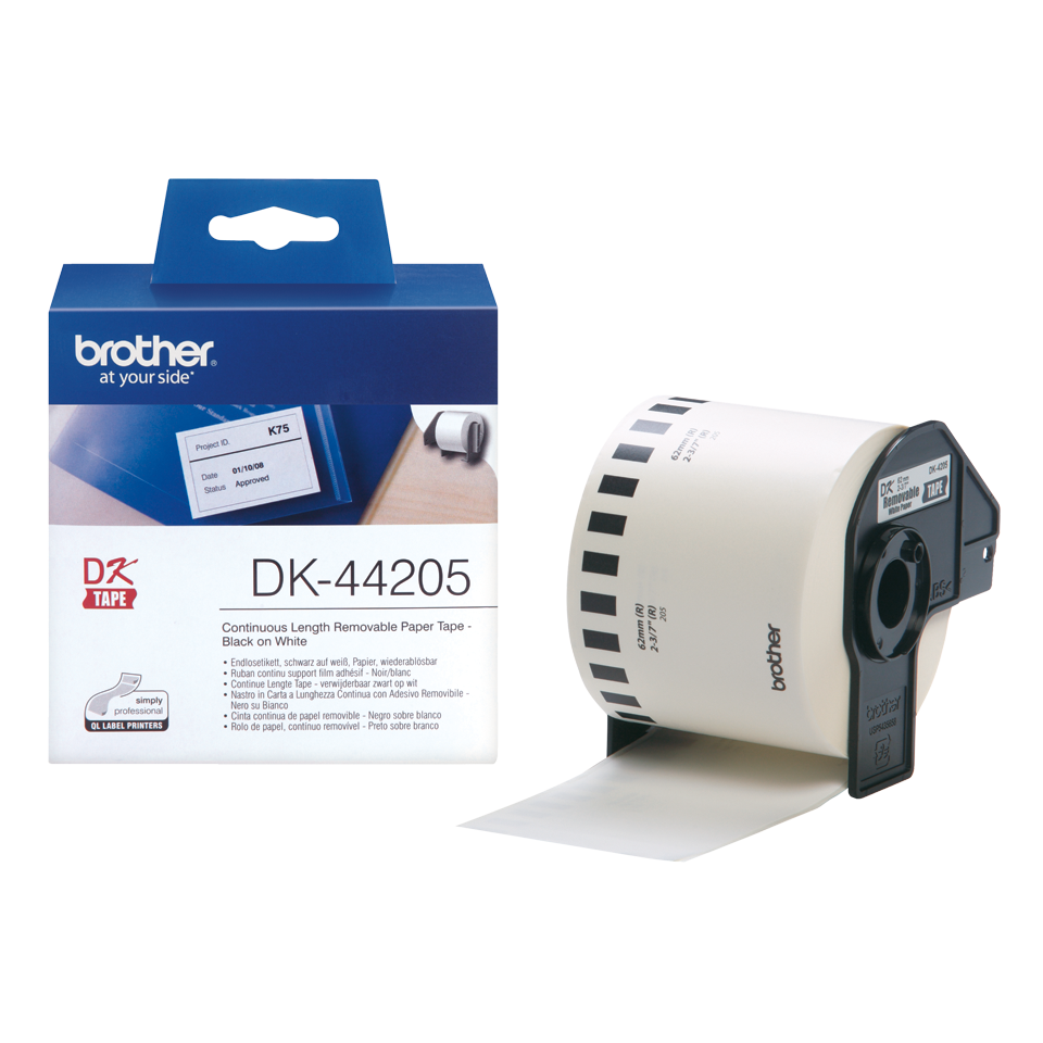 Genuine Brother DK-44205 Continuous Paper Label Roll with Removable Adhesive – Black on White, 62mm