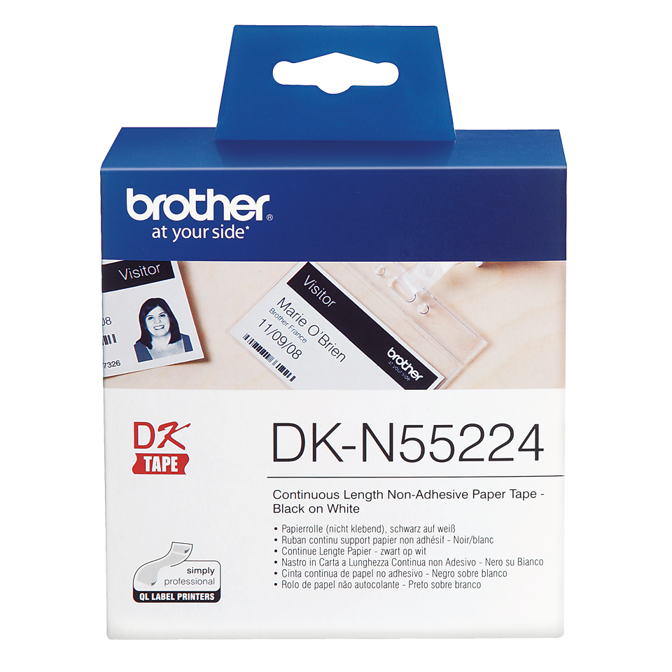 Oriģināls Brother DK-N55224 vienlaidu garuma, nelīmējoša papīra uzlīmju lentes rullis - melnas drukas, balts, 54mm 2