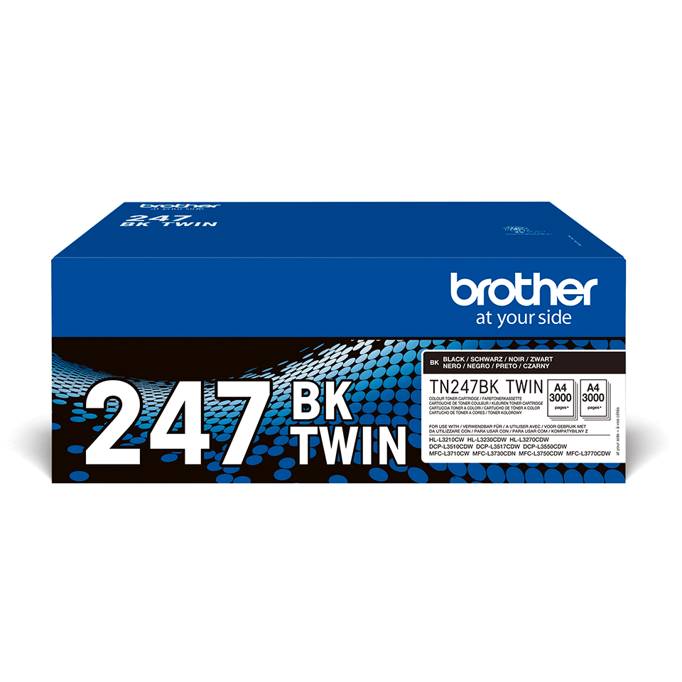 En eske med Brother original TN247BKTWIN sort høykapasitet toner Twin Pack - 2 stk.