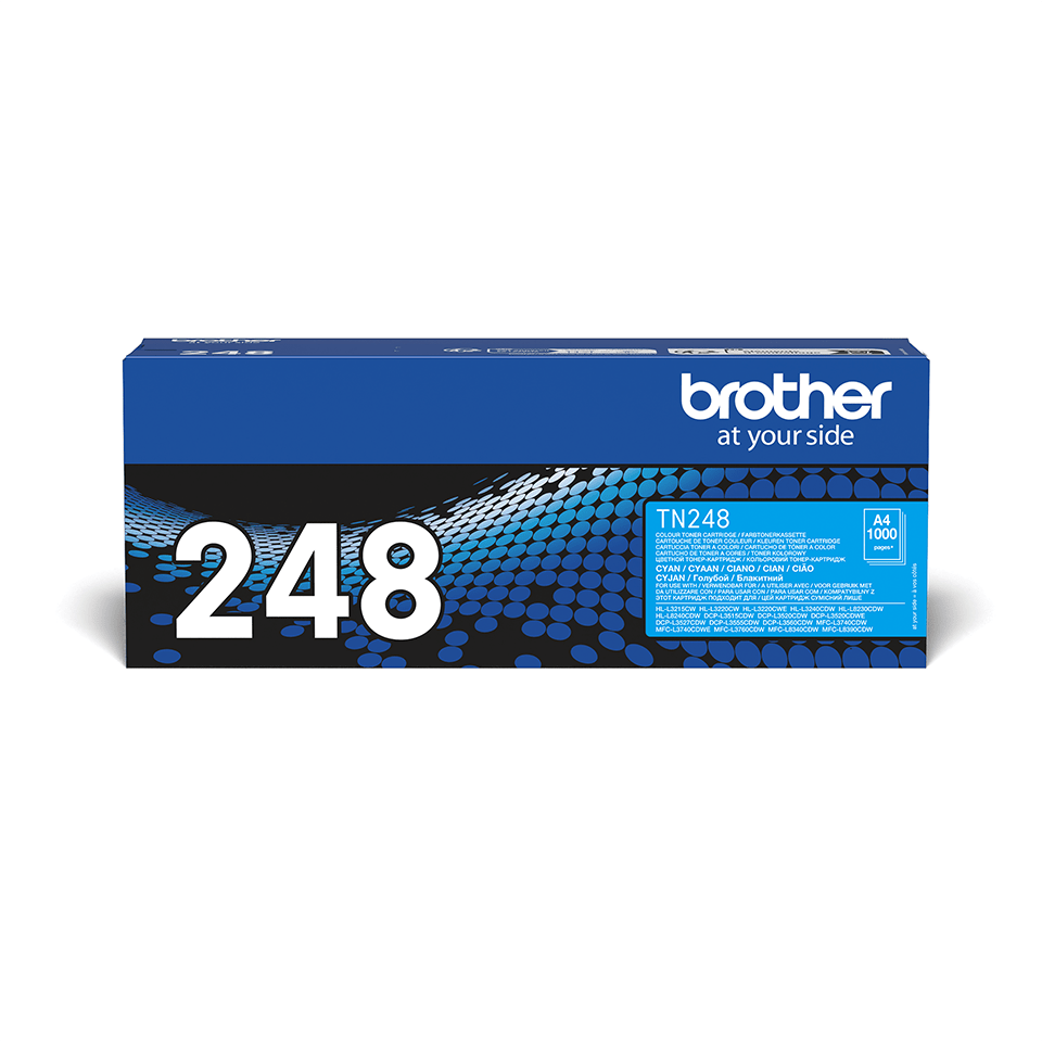 Brother TN248C Cyan carton toner positioned facing front on a white background