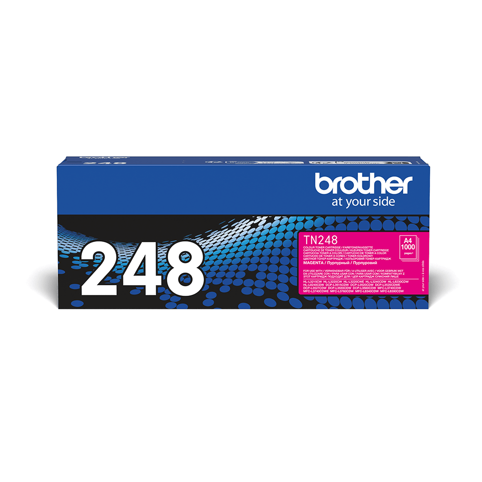 Brother TN248M Magenta toner carton positioned facing front on a white background
