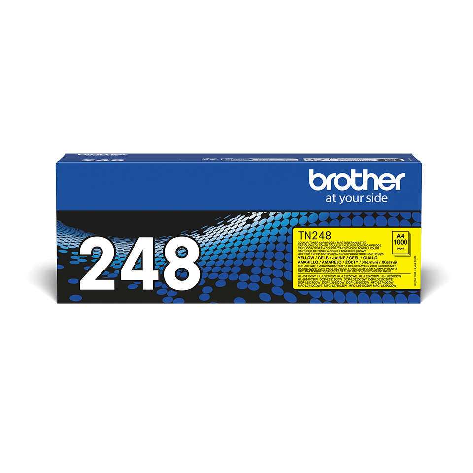 Brother TN248Y yellow toner carton positioned facing front on a white background