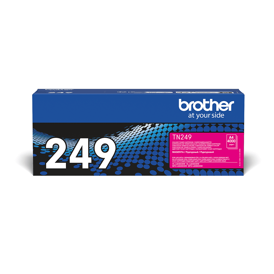 Toner Brother TN249M w kolorze magenta w kartonie przodem na białym tle