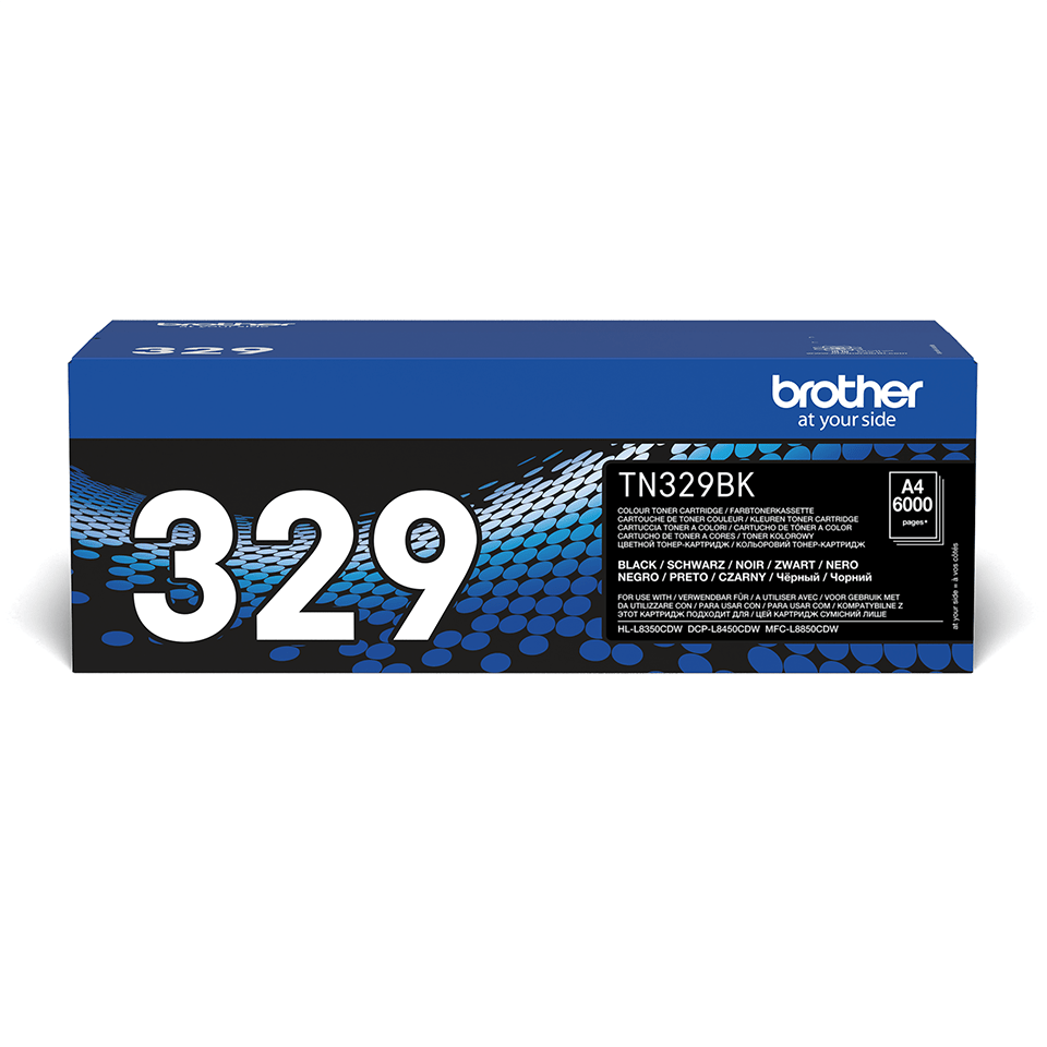 Brotherin mustan TN329BK-laservärikasetin tuotepakkaus