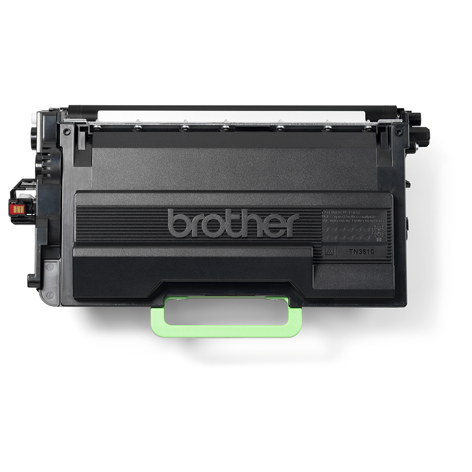 Brother TN3610 black toner cartridge top down view on a white background