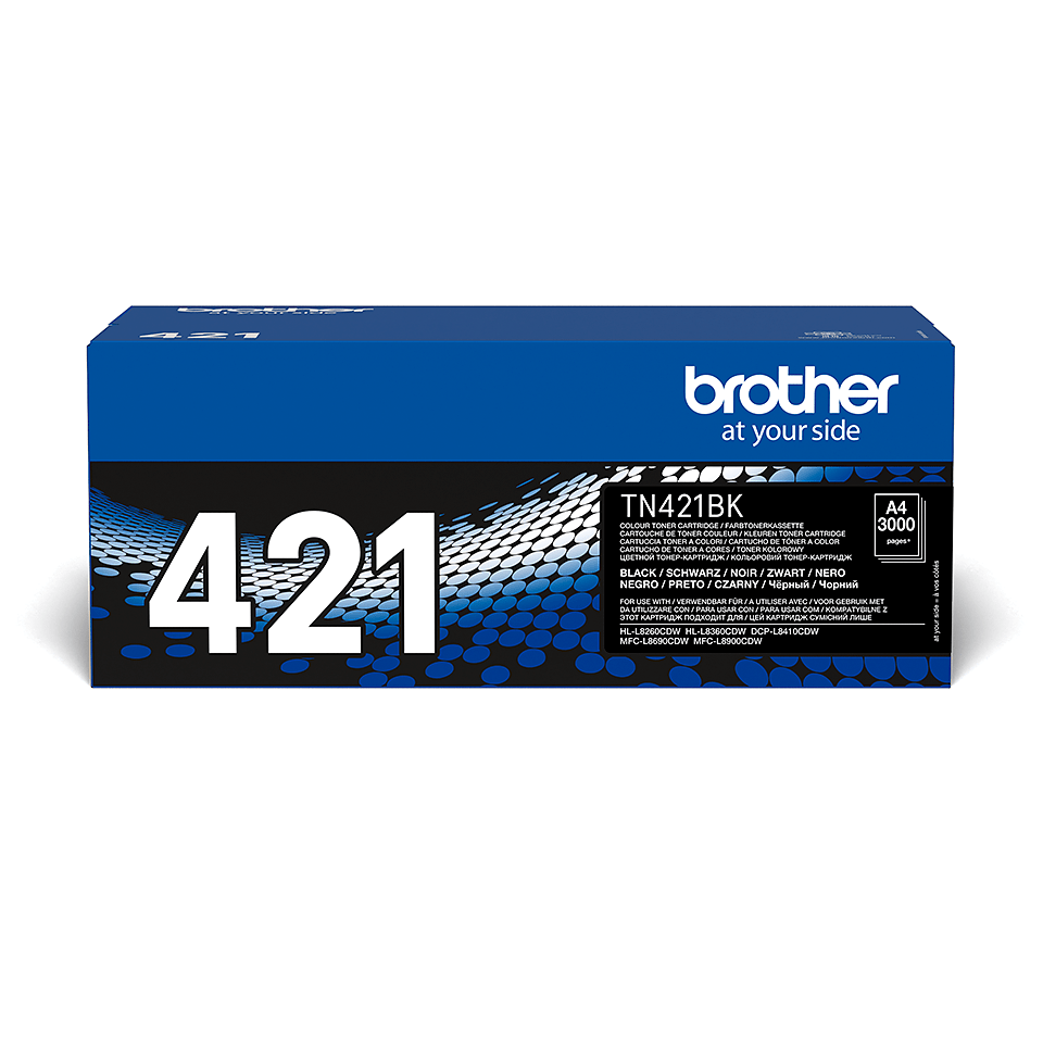 Brotherin mustan TN421BK-laservärikasetin tuotepakkaus