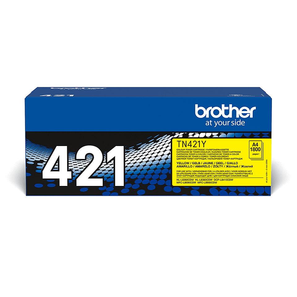 Brotherin keltaisen TN421C-laservärikasetin tuotepakkaus