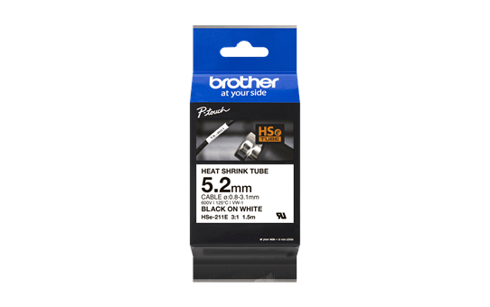 Originální kazeta s páskou Brother HSE-211E pro teplotně smršťovací bužírky – černá na bílé, šířka 5,2 mm