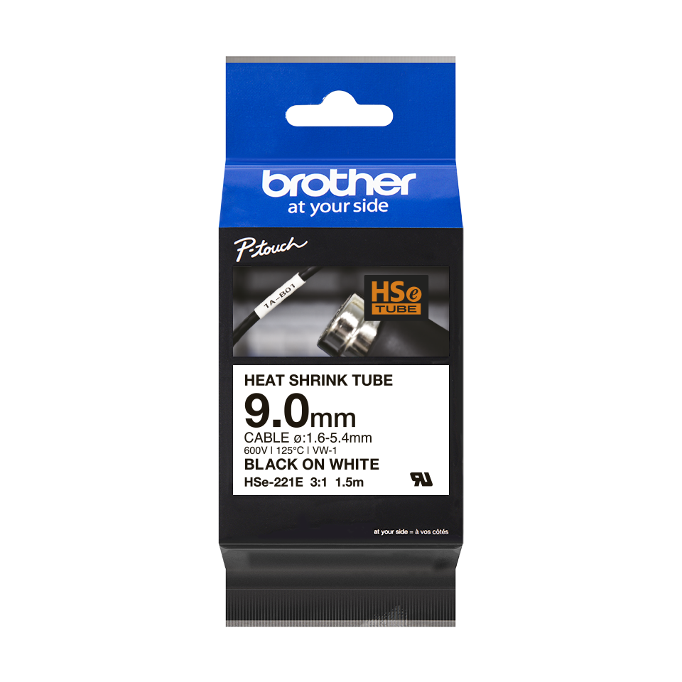 Cassetta nastro termorestringente originale Brother HSe-221E – Nero su bianco, 9 mm di larghezza