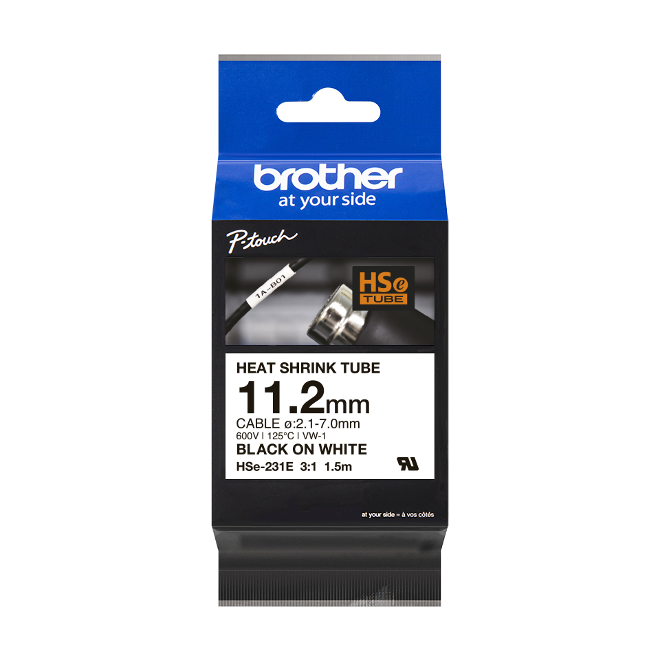 Cassetta nastro termorestringente originale Brother  HSe-231E – Nero su bianco, 11,2 mm di larghezza