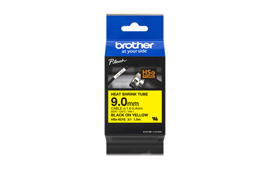 Oriģināla Brother HSe-621E termosēžas cauruļveida uzlīmju lentes kasete - melnas drukas, dzeltena, 9mm plata