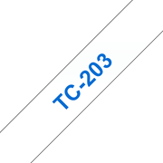 Oryginalna taśma do etykietowania Brother TC-203 – niebieski nadruk na białym tle, szerokość 12mm