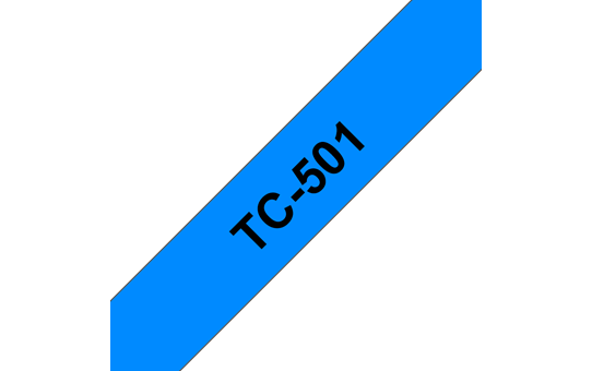 Originali Brother TC501 ženklinimo juostos kasetė – juodos raidės ant mėlyno fono, 12 mm pločio