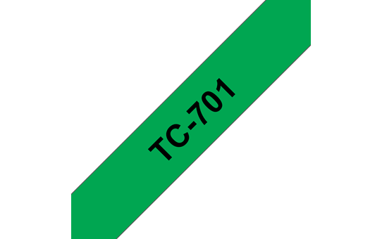 Oryginalna taśma do etykietowania Brother TC-701. Czarny nadruk na zielonym tle, szerokość 12mm