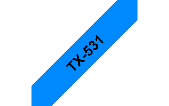 Alkuperäinen Brother TX-531-tarranauha, musta teksti sinisellä pohjalla.