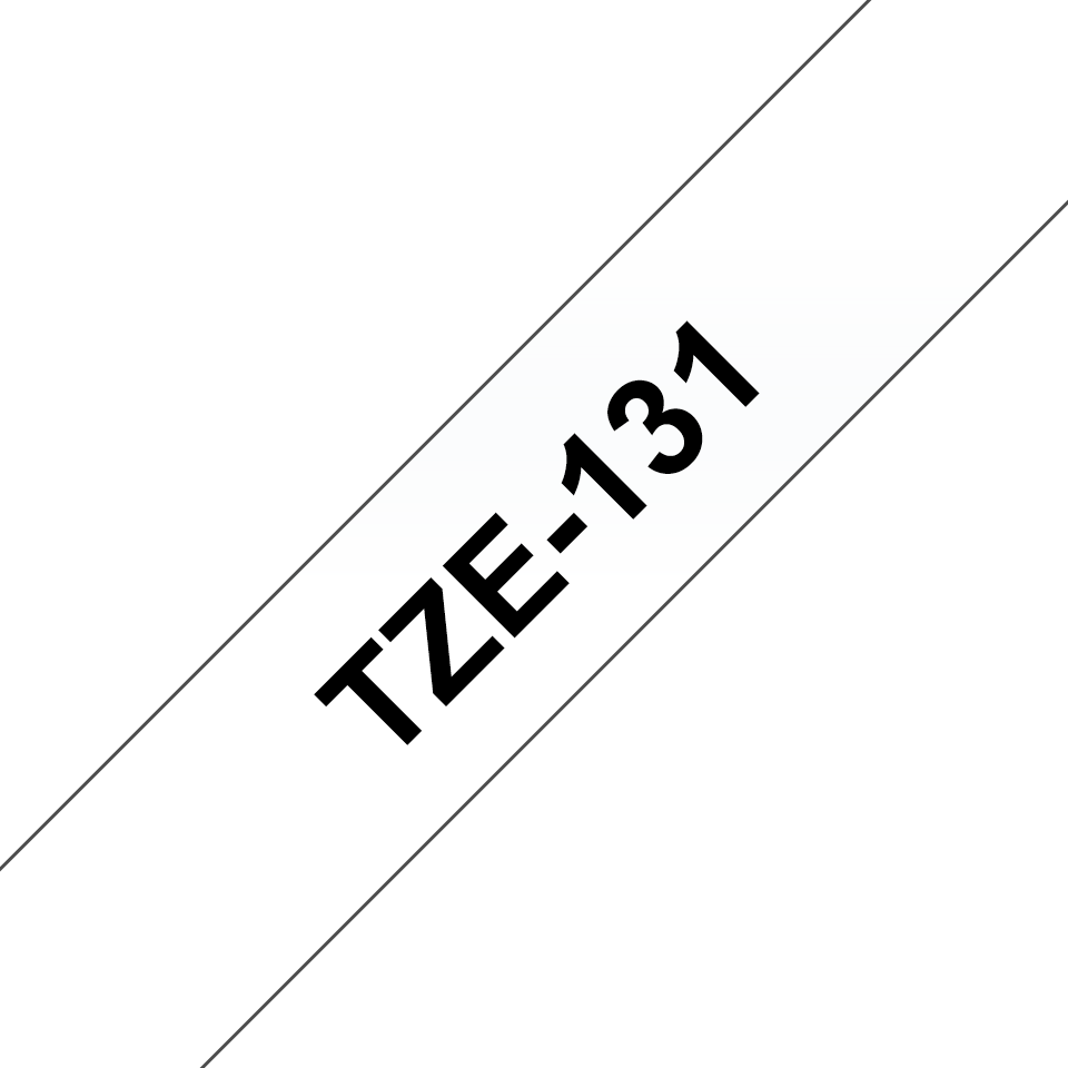 Originali Brother Tze-131 ženklinimo juosta – juodos raidės skaidriame fone, 12 mm pločio