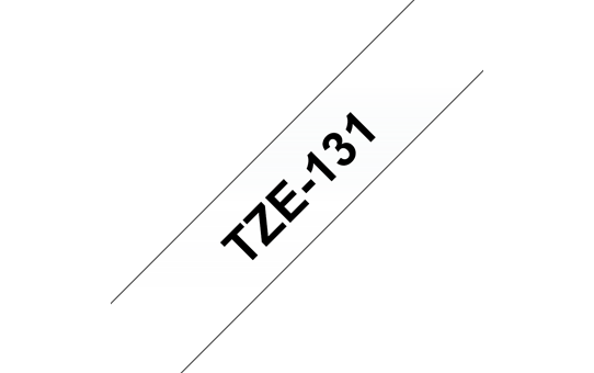 Originali Brother Tze-131 ženklinimo juosta – juodos raidės skaidriame fone, 12 mm pločio