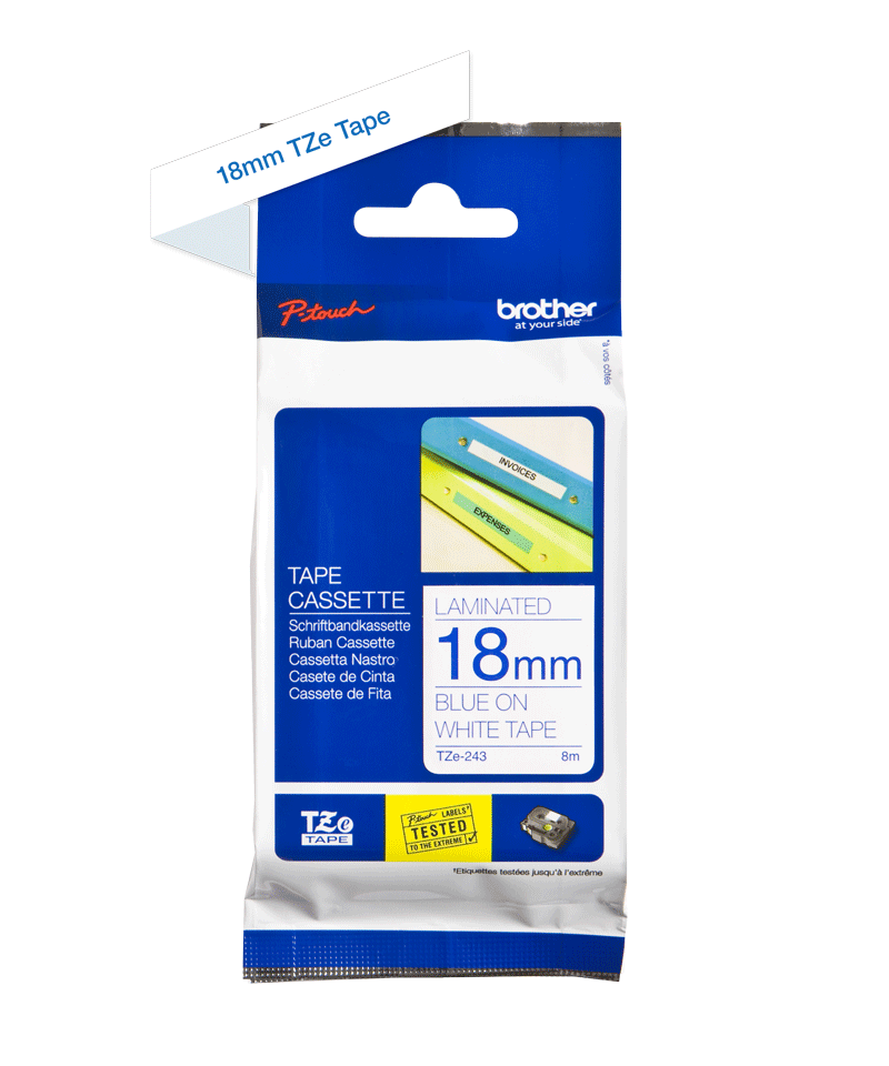 GENUINE BROTHER P~TOUCH TZ243-18MM BLUE ON WHITE LAMINATED TAPE 