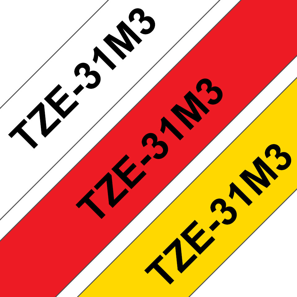 Brother P-touch TZe31M3 merketape sort på rød, sort på hvit og sort på gul i 12 mm bredde