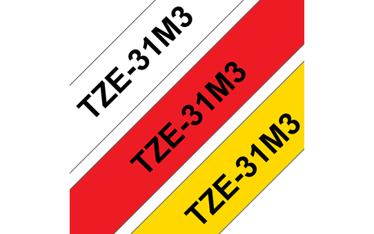 Casete cu bandă de etichete originale Brother TZe-31M3 – negru pe roșu, alb, galben cu lățimea de 12mm