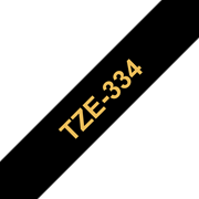Oryginalna taśma do etykietowania Brother TZe-334 – złoty nadruk na czarnym tle, szerokość 12 mm