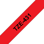 Oryginalna taśma TZe-431 firmy Brother – czarny nadruk na czerwonym tle, 12 mm szerokości