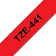 Oryginalna taśma TZe-441 firmy Brother – czarny nadruk na czerwonym tle, 18mm szerokości
