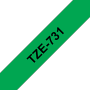 Oryginalna taśma TZe-731 firmy Brother – czarny nadruk na zielonym tle, 12 mm szerokości