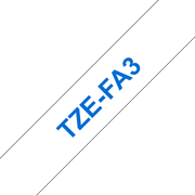 Oryginalna taśma z włókna TZe-FA3 do prasowania na gorąco – niebieski nadruk na białym tle, 12mm szerokości