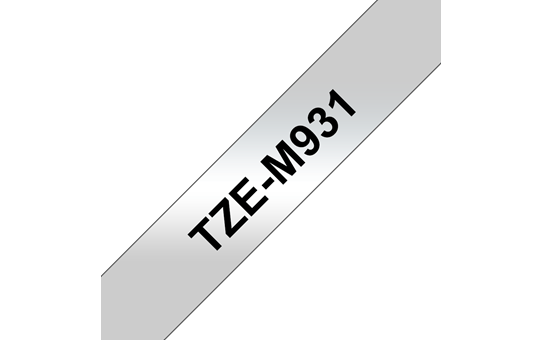 Oryginalna matowa taśma TZe-M931 firmy Brother – czarny nadruk na srebrnym matowym tle, 12mm szerokości