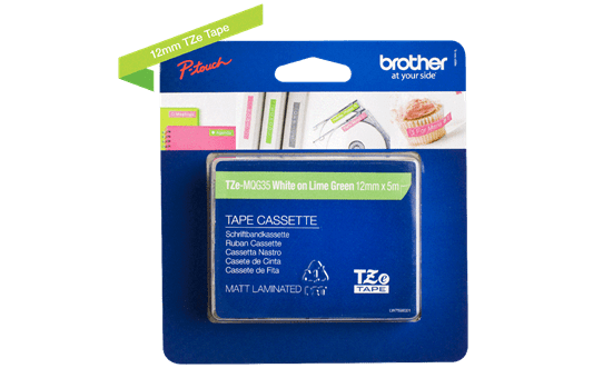 Genuine Brother TZe-MQG35 Labelling Tape Cassette – White on Lime Green, 12mm wide 2