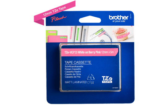 Brother TZe-MQP35 original etikett tapekassett- vit på rosa laminerad tape, 12 mm bred 3