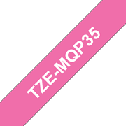 Oryginalna matowa taśma TZe-MQP35 firmy Brother – biały nadruk na różowym matowym tle, 12 mm szerokości