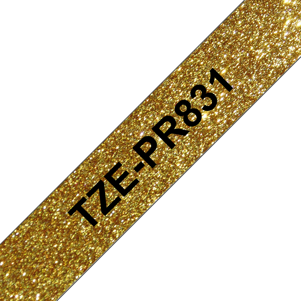 Brother TZePR831 merketape sort på glitrende gull i 12 mm bredde