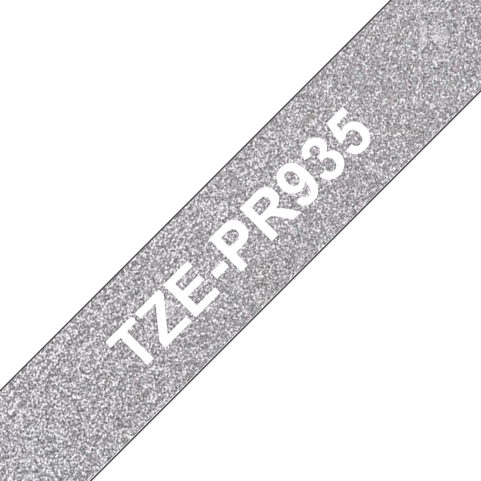 Brother TZePR935 merketape hvit på glitrende sølv i 12 mm bredde