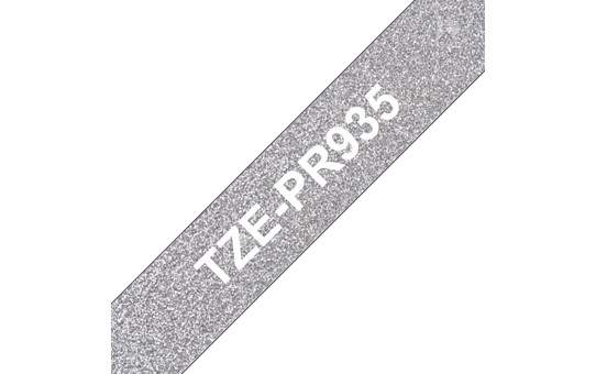 Оригинална лента Brother TZe-PR935 – Бял текст на искряща сребърна лента, 12 mm