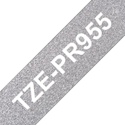 Oryginalna taśma premium TZe-PR955 firmy Brother – biały nadruk na srebnym tle, 24 mm szerokości