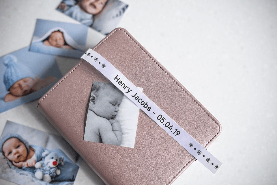 Brother TZe-R251 satin ribbon tape cassette - black on white - new born baby photo album with the name and date of birth of the baby