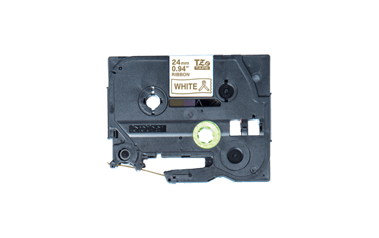 Originalt Brother TZe-R254 satinbånd – Guld på hvid, 24 mm bredt 2