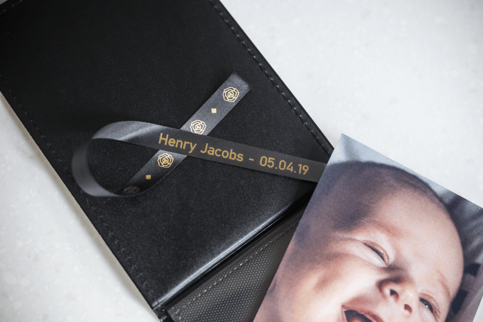 Brother TZe-R334 satin ribbon tape cassette - gold on black - new born baby photo album with the name and date of birth of the baby