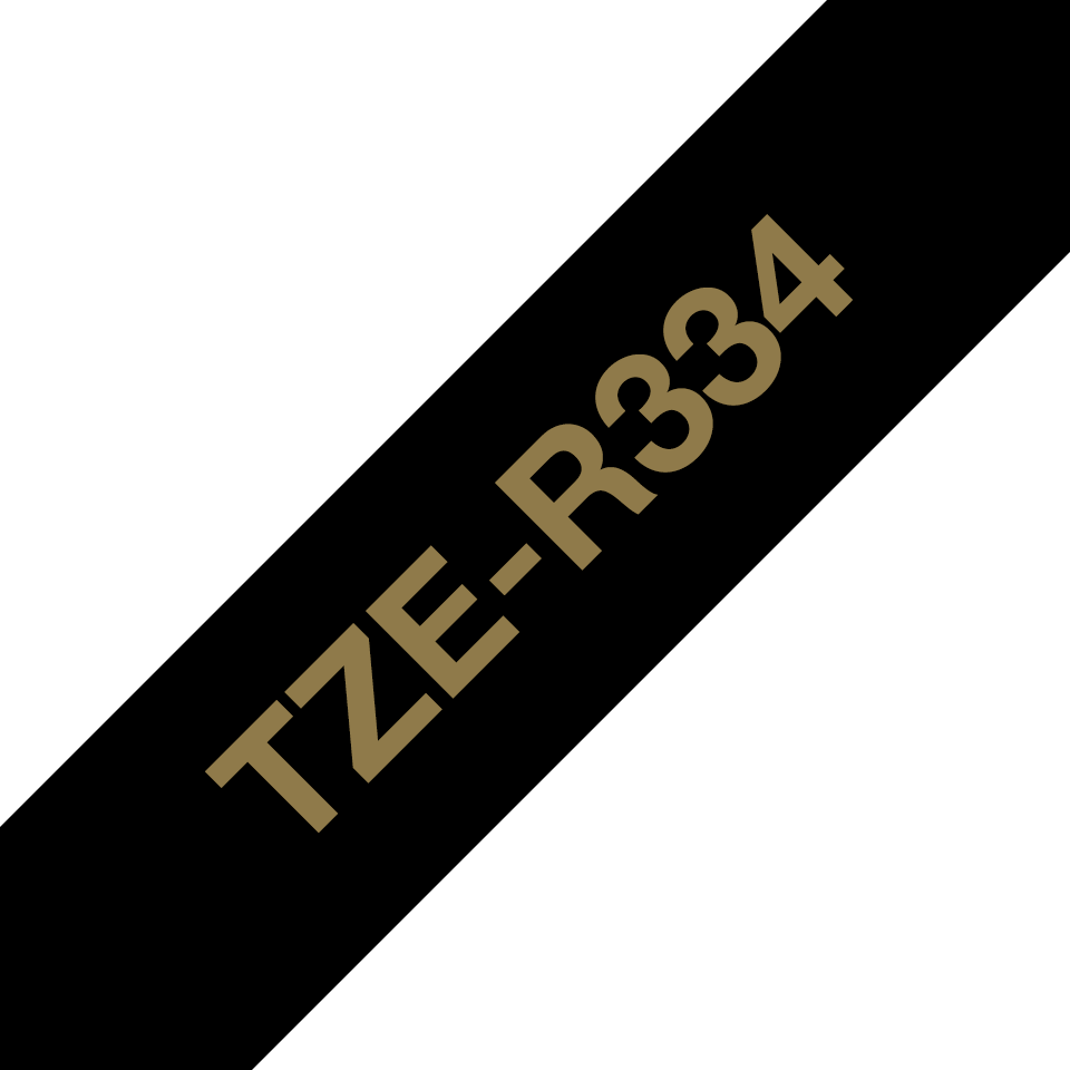 Brother TZe-R334 satenska ukrasna traka za označavanje 12 mm – zlatni ispis na crnoj traci 